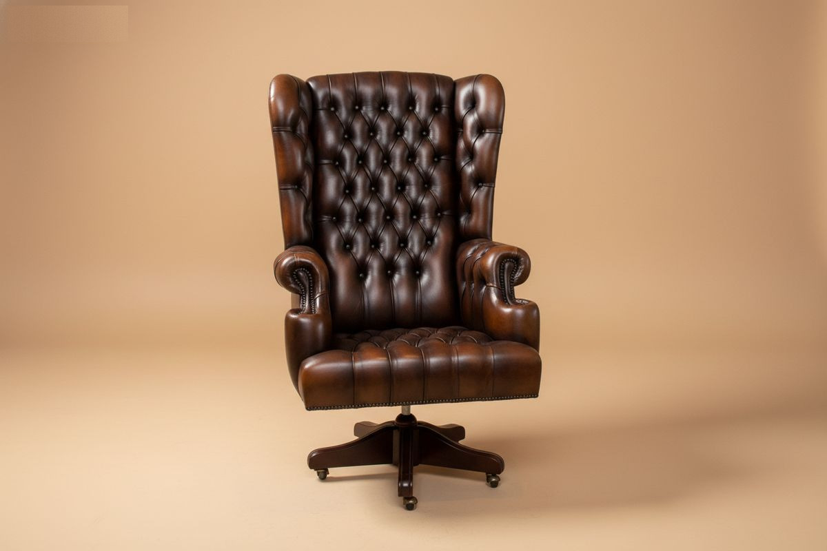 Fauteuil de bureau Chesterfield cuir chocolat – à roulettes