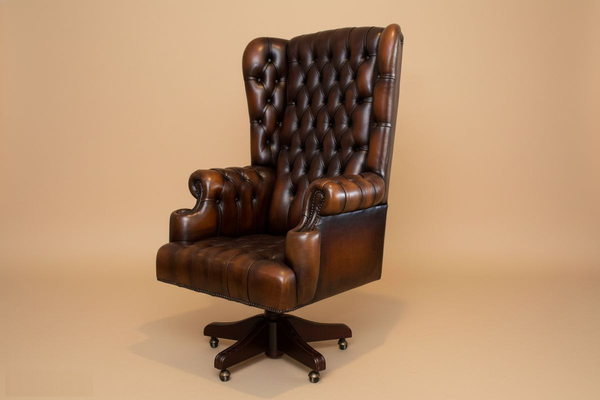 Fauteuil de bureau Chesterfield cuir chocolat – à roulettes