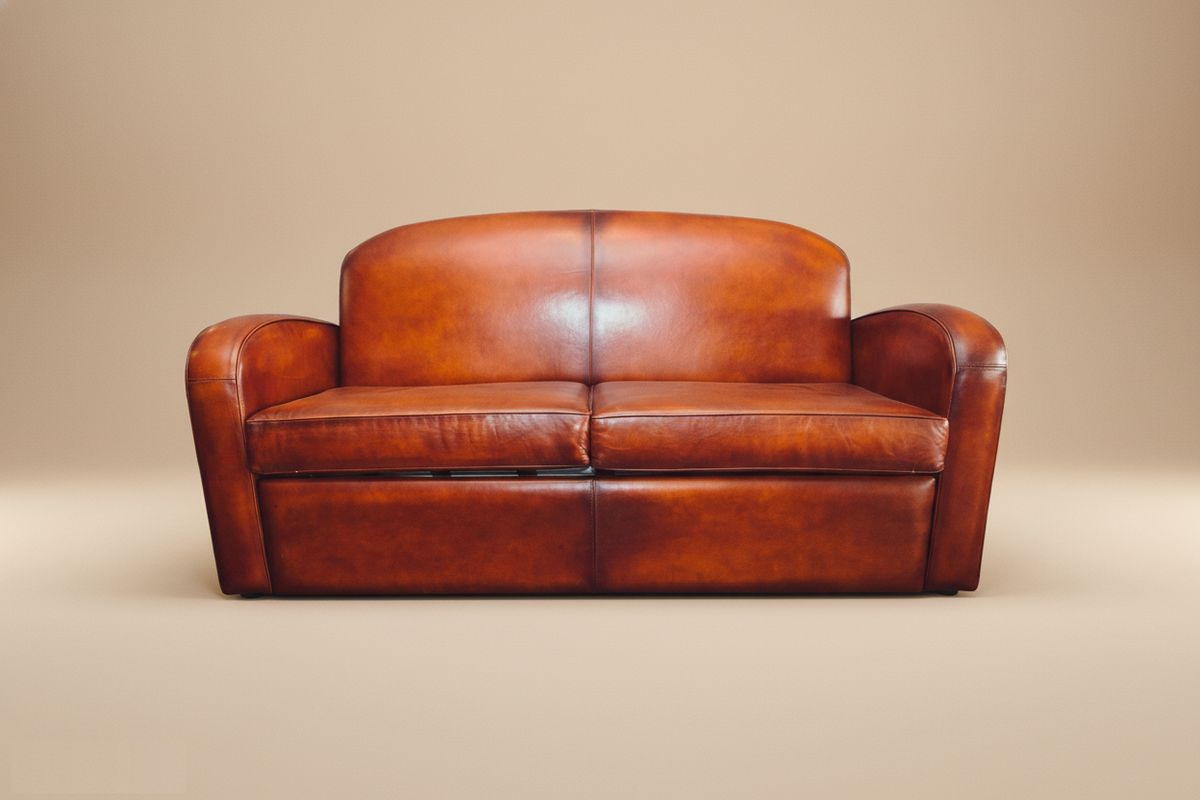 Canapé-lit club cuir miel patiné 195 cm – convertible – Hobart