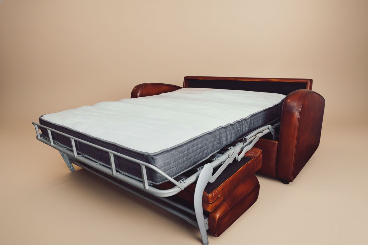 Canapé-lit club cuir miel patiné 195 cm – convertible – Hobart