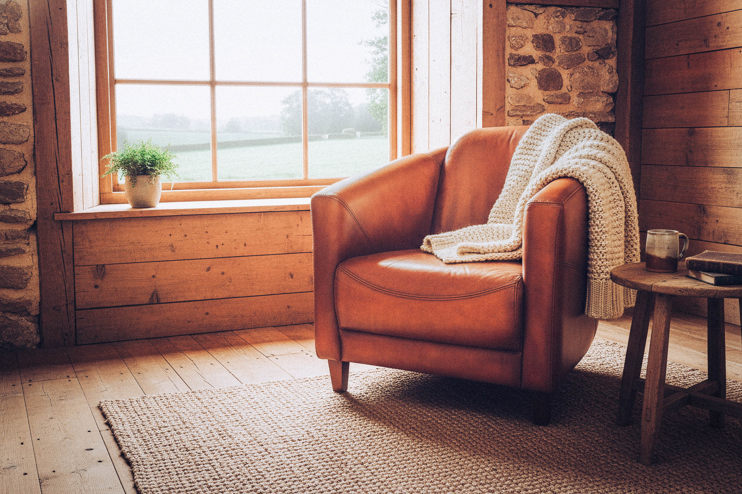 Fauteuil club en cuir végétal cognac dans un intérieur en pierre et bois, Bazillais Mayenne
